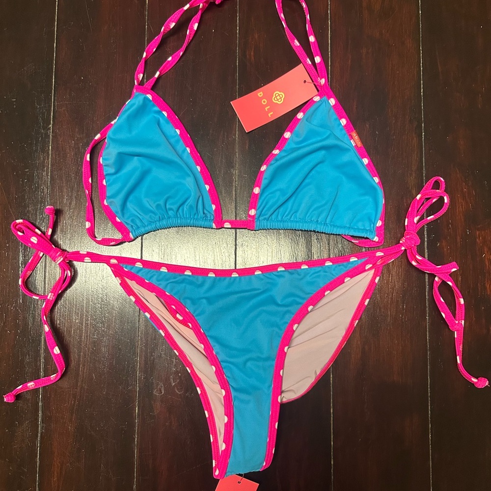 Doll Swimwear Aqua Blue and Pink Polka Dot Bikini
